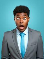 Young man with African features dressed in suit is shocked AI Generative photo