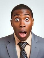 Young man with African features dressed in suit is shocked AI Generative photo