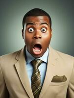 Young man with African features dressed in suit is shocked AI Generative photo