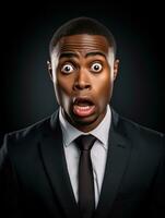 Young man with African features dressed in suit is shocked AI Generative photo