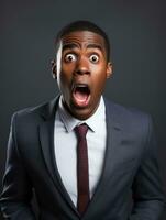 Young man with African features dressed in suit is shocked AI Generative photo