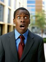 Young man with African features dressed in suit is shocked AI Generative photo