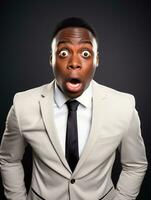 Young man with African features dressed in suit is shocked AI Generative photo