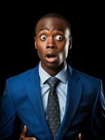 Young man with African features dressed in suit is shocked AI Generative photo