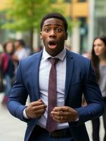Young man with African features dressed in suit is shocked AI Generative photo