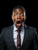 Young man with African features dressed in suit is shocked AI Generative photo