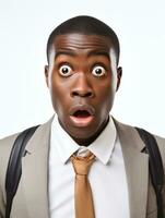 Young man with African features dressed in suit is shocked AI Generative photo