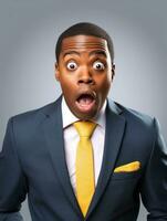 Young man with African features dressed in suit is shocked AI Generative photo
