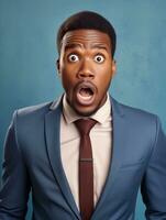 Young man with African features dressed in suit is shocked AI Generative photo