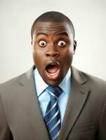 Young man with African features dressed in suit is shocked AI Generative photo