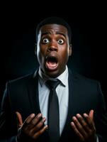 Young man with African features dressed in suit is shocked AI Generative photo