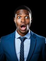 Young man with African features dressed in suit is shocked AI Generative photo