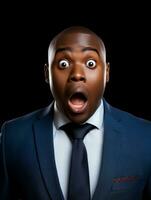 Young man with African features dressed in suit is shocked AI Generative photo