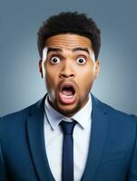Young man with African features dressed in suit is shocked AI Generative photo