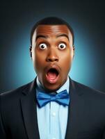 Young man with African features dressed in suit is shocked AI Generative photo