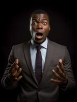 Young man with African features dressed in suit is shocked AI Generative photo