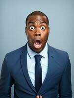Young man with African features dressed in suit is shocked AI Generative photo