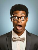 Young man with African features dressed in suit is shocked AI Generative photo