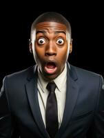 Young man with African features dressed in suit is shocked AI Generative photo