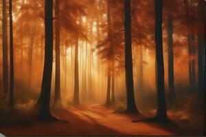 Magical autumn forest with fog. Fantasy autumn woods, unreal atmosphere, orange leaves on trees. Beautiful nature. AI-Generated photo