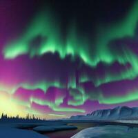 natural conditions with pine forests. the sea in ice, snow and blizzards. Arctic winter snowy landscape. Northern Lights Aurora Borealis flashes in dramatic night sky AI-Generated photo