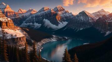 majestuoso montaña acantilado a amanecer, tranquilo escena generado por ai foto