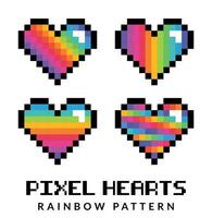 Vector set of pixelated hearts in different colors, Valentine's Day, Rainbow pattern pixel heart, Video game heart icon