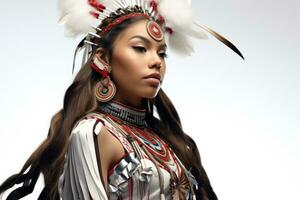 apache tribu mujer. hermosa joven nativo americano mujer en tradicional atuendo de indígena tribus blanco antecedentes. cerca arriba. caucásico muchacha. tribal tocado con plumas ai generado foto