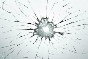 Abstract texture. Broken glass window with a hole in the middle and cracks. Glass shards. On a white background. Bullet hole in the glass. Copy Space. Textured Background. AI generated photo