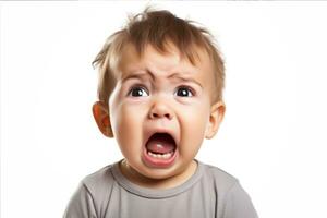 close-up portrait of a cute little boy kid crying and screaming. Isolated on white background. A white Caucasian child with light hair. Strong emotions of despair, pain, and resentment AI generated photo