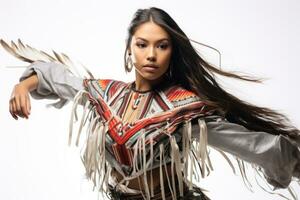 Apache tribe woman. Beautiful young Native American woman in traditional attire of indigenous tribes dancing an ethnic dance against a white background. Close-up. AI generated photo