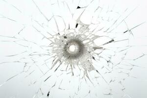 Abstract texture. Broken glass window with hole in the middle and cracks. Glass shards. On a white background. Bullet hole in the glass. Copy Space. Textured Backdrop. AI generated photo