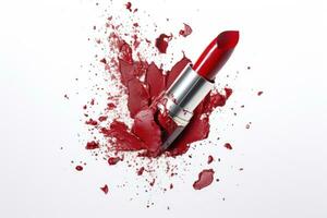 Red lipstick in a splatter, splashes and droplets of a broken lipstick texture. Isolated on a white background. Close up. Fashion and style. Beauty. Template for a cosmetics catalog. AI generated photo