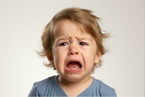 close-up portrait of a cute little boy kid crying and screaming. Isolated on a white background. A white Caucasian child with light hair. Strong emotions of despair, pain, and resentment AI generated photo