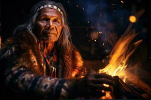 Elderly Native American man in traditional tribal clothing, sits by campfire sharing ancient legends. A leader of Apache or Cherokee tribe. Shaman. Starry night, blazing campfire, AI generated photo