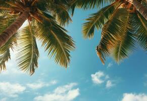 Ai Generated Blue sky and palm trees view from below, vintage style, tropical beach and summer background, travel concept realistic image photo