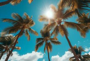 Ai Generated Blue sky and palm trees view from below, vintage style, tropical beach and summer background, travel concept realistic image photo