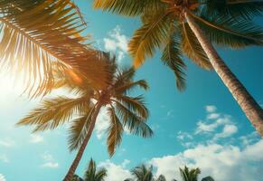 ai generado azul cielo y palma arboles ver desde abajo, Clásico estilo, tropical playa y verano fondo, viaje concepto realista imagen foto