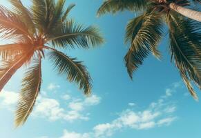 Ai Generated Blue sky and palm trees view from below, vintage style, tropical beach and summer background, travel concept realistic image photo