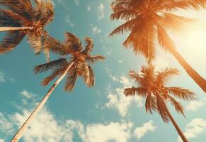 Ai Generated Blue sky and palm trees view from below, vintage style, tropical beach and summer background, travel concept realistic image photo