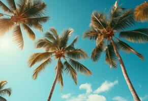 Ai Generated Blue sky and palm trees view from below, vintage style, tropical beach and summer background, travel concept realistic image photo