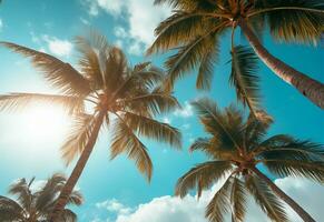 Ai Generated Blue sky and palm trees view from below, vintage style, tropical beach and summer background, travel concept realistic image photo