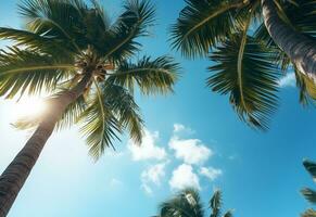 Ai Generated Blue sky and palm trees view from below, vintage style, tropical beach and summer background, travel concept realistic image photo