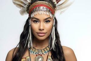 hermosa joven nativo americano mujer en tradicional atuendo de indígena tribus blanco antecedentes. de cerca. caucásico muchacha. apache tribu mujer. tribal tocado con plumas ai generado foto