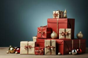 Ai Generative Background of christmas tree and red gift box on a christmas empty background with copy space photo