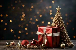 Ai Generative Background of christmas tree and red gift box on a christmas empty background with copy space photo