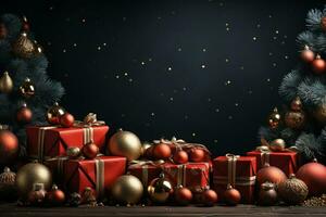 ai generativo Navidad bandera con Copiar espacio para texto, Papa Noel claus celebrar con cajas de regalo, abeto árbol ramas y rojo adornos, oscuro color antecedentes foto