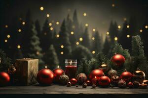 Ai Generative Christmas banner with copy space for text, santa claus celebrate with giftboxes, fir tree branches and red ornaments, dark color background photo