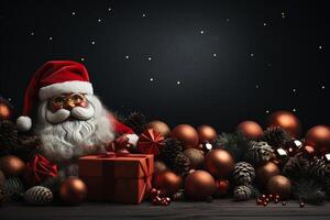 Ai Generative Christmas banner with copy space for text, santa claus celebrate with giftboxes, fir tree branches and red ornaments, dark color background photo