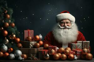 ai generativo Navidad bandera con Copiar espacio para texto, Papa Noel claus celebrar con cajas de regalo, abeto árbol ramas y rojo adornos, oscuro color antecedentes foto